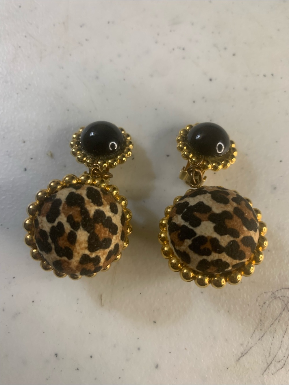 Gold-Tone Leopard Drop Earrings with Black Cabochon (Signed)